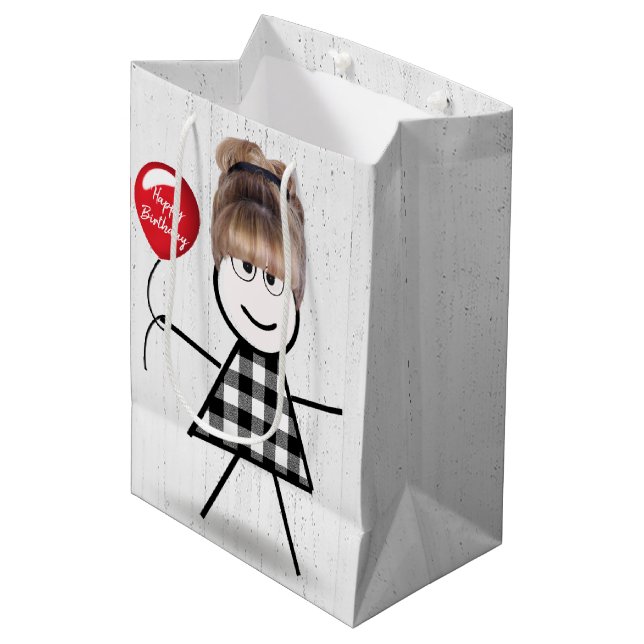Birthday Stick Girl with Balloon on Wood   Medium Gift Bag (Front Angled)