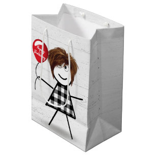 Birthday Stick Girl with Balloon on Wood  Medium Gift Bag