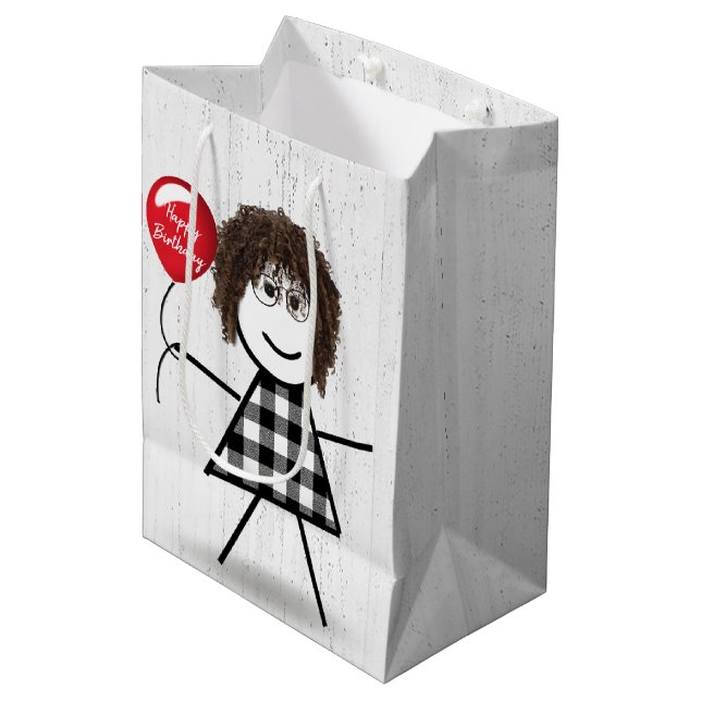 Birthday Stick Girl with Balloon on Wood  Medium Gift Bag (Front Angled)