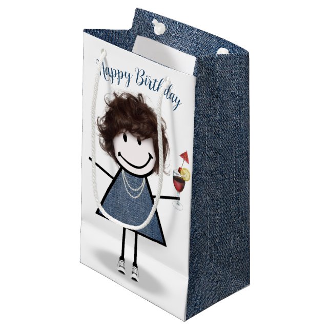 Birthday Stick Girl with Cocktail  Small Gift Bag (Front Angled)