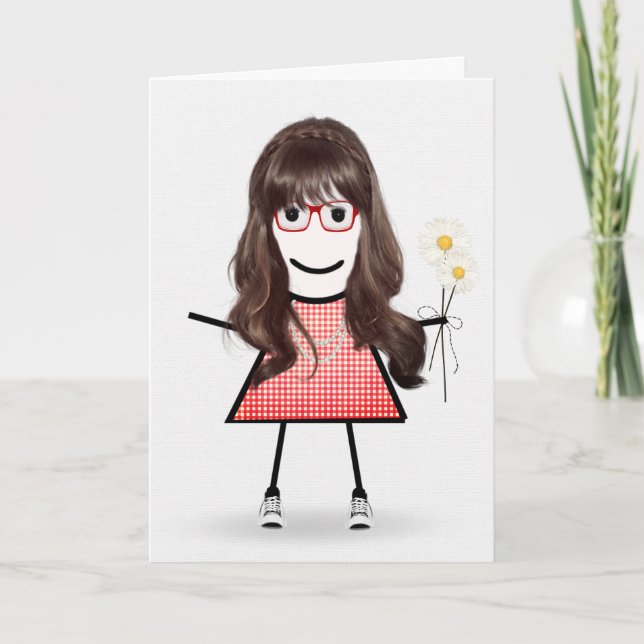 Birthday Stick Girl With Daisies  Card (Front)