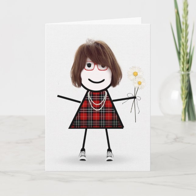 Birthday Stick Girl With Daisies Card (Front)