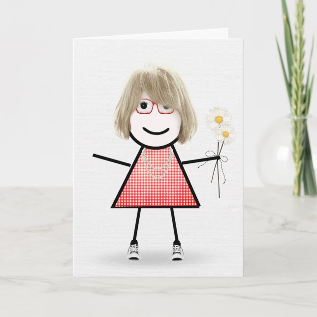 Birthday Stick Girl With Daisies  Card (Front)