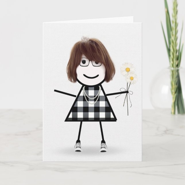 Birthday Stick Girl With Daisies Card (Front)