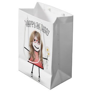 Birthday Stick Girl with Daisy Bouquet  Medium Gift Bag