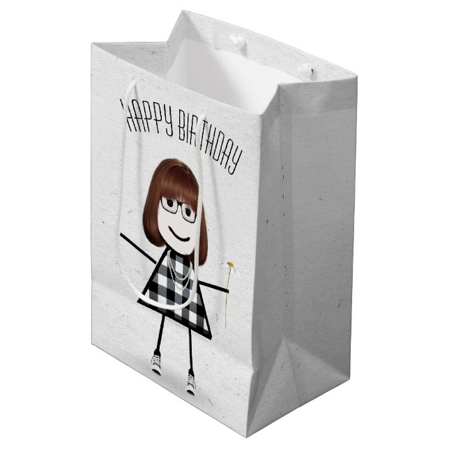 Birthday Stick Girl with Daisy  Medium Gift Bag (Front Angled)