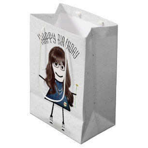 Birthday Stick Girl with Daisy  Medium Gift Bag