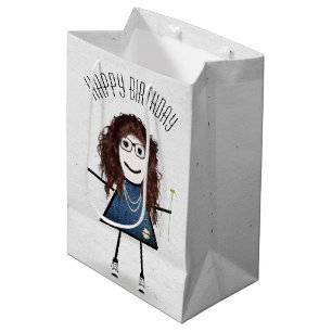 Birthday Stick Girl with Daisy  Medium Gift Bag