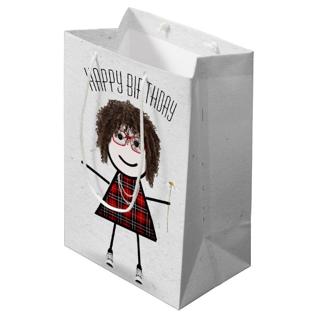 Birthday Stick Girl with Daisy Medium Gift Bag (Front Angled)