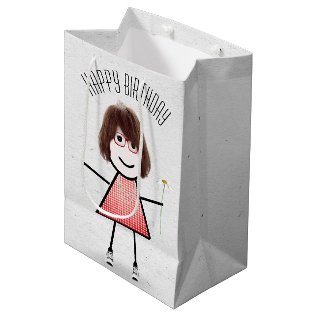 Birthday Stick Girl with Daisy   Medium Gift Bag (Front Angled)