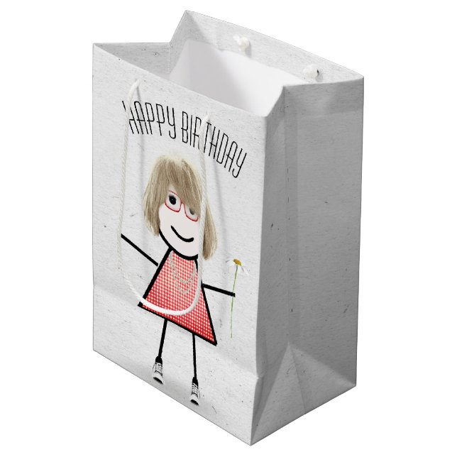 Birthday Stick Girl with Daisy  Medium Gift Bag (Front Angled)