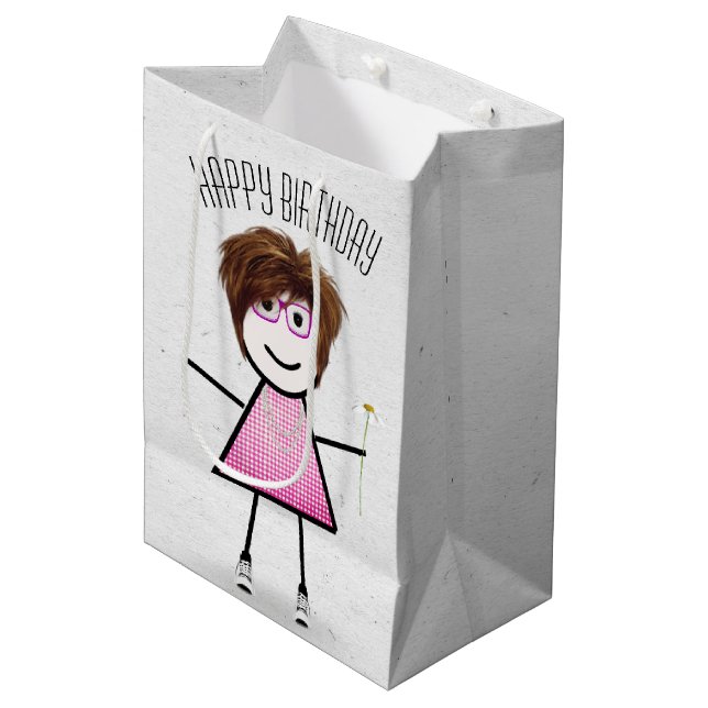 Birthday Stick Girl with Daisy   Medium Gift Bag (Front Angled)