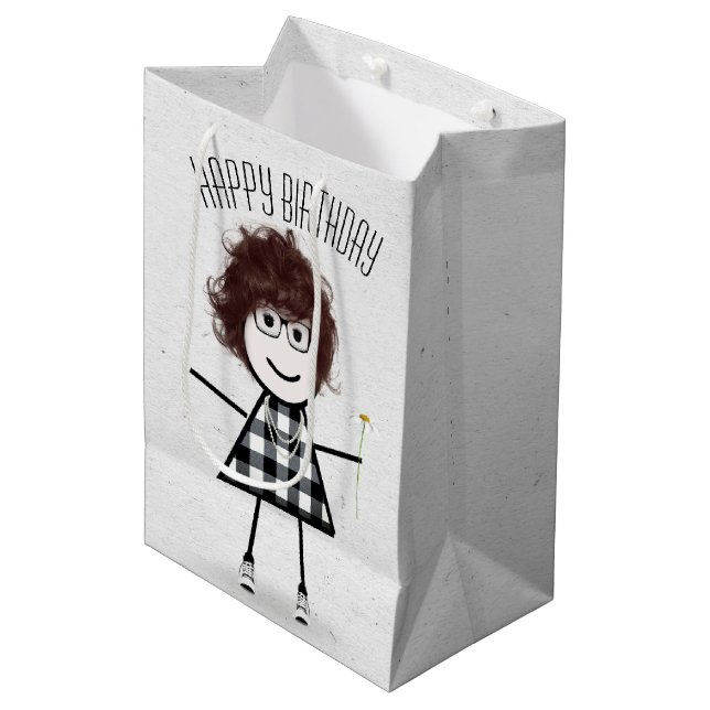 Birthday Stick Girl with Daisy  Medium Gift Bag (Front Angled)