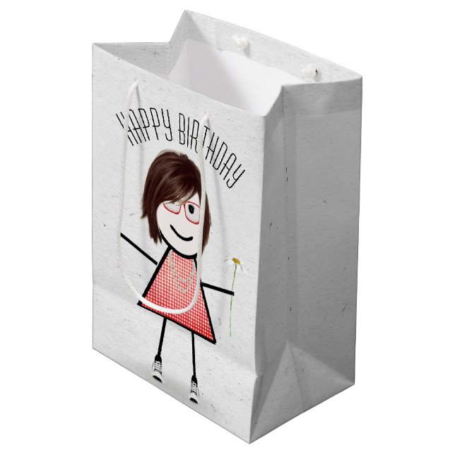 Birthday Stick Girl with Daisy   Medium Gift Bag (Front Angled)