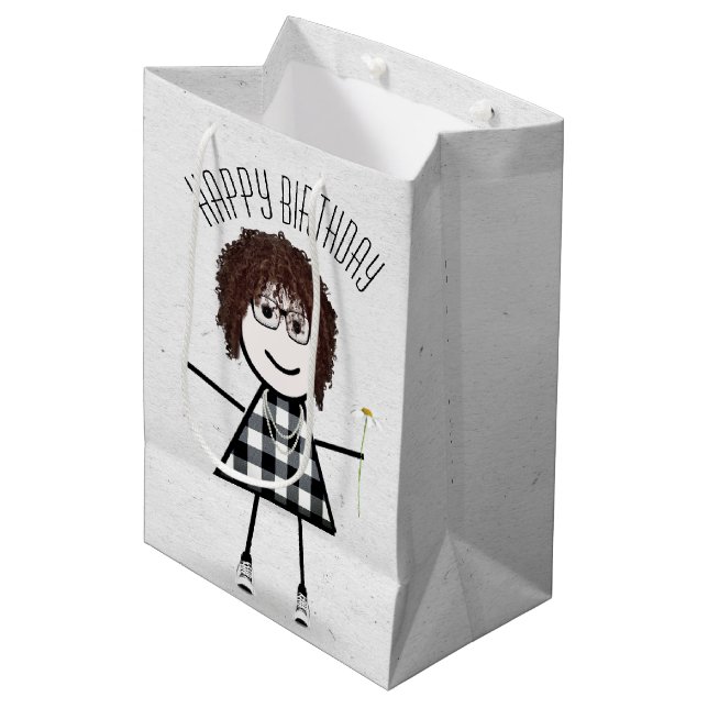 Birthday Stick Girl with Daisy Medium Gift Bag (Front Angled)
