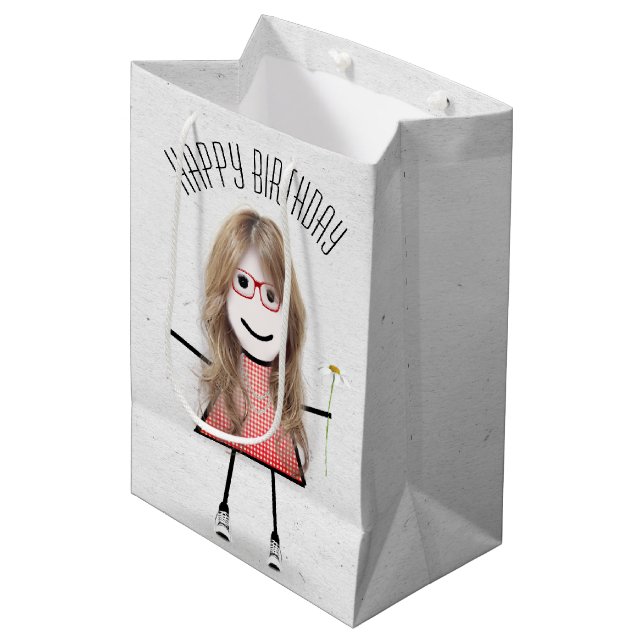 Birthday Stick Girl with Daisy  Medium Gift Bag (Front Angled)