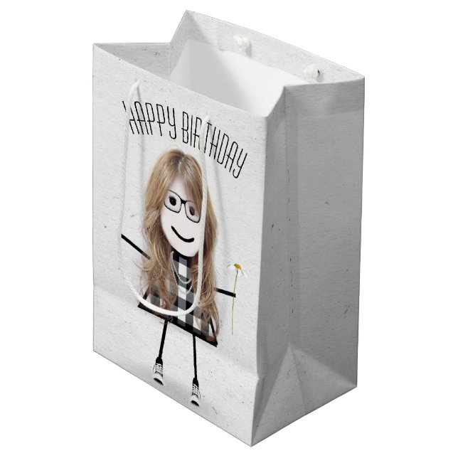 Birthday Stick Girl with Daisy Medium Gift Bag (Front Angled)