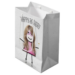 Birthday Stick Girl with Daisy  Medium Gift Bag