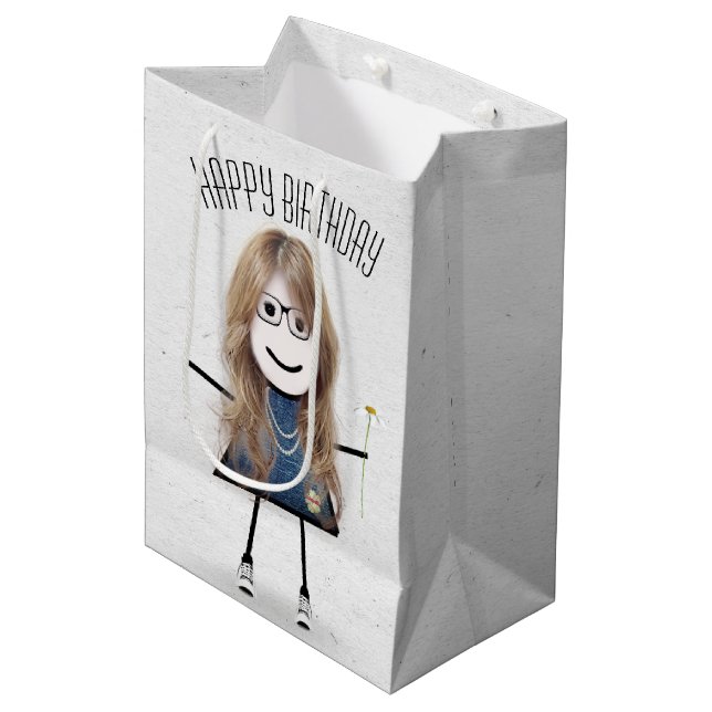 Birthday Stick Girl with Daisy Medium Gift Bag (Front Angled)