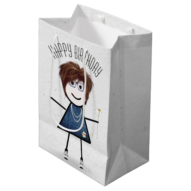 Birthday Stick Girl with Daisy   Medium Gift Bag (Front Angled)