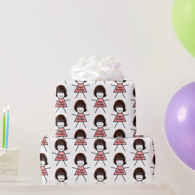 Birthday Stick Girl with Gingham Dress Wrapping Paper (Party Gifts)