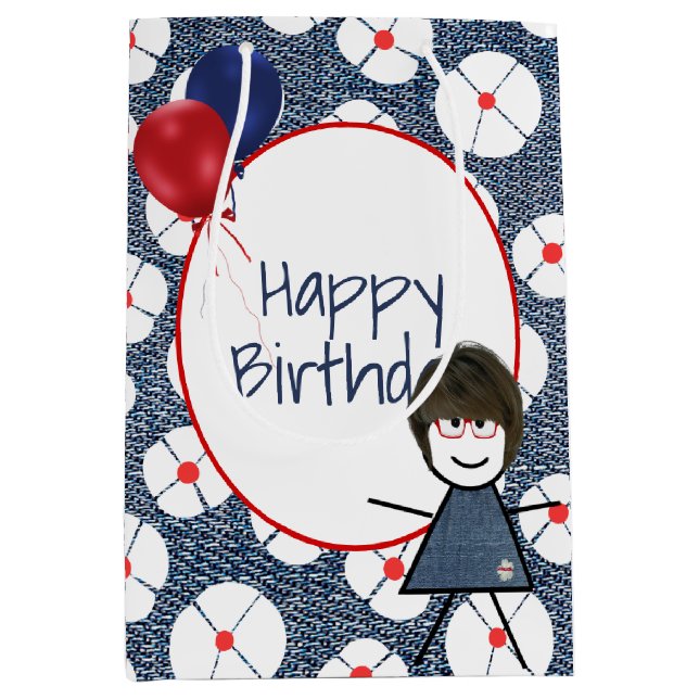 Birthday Stick Girl with Hair  Medium Gift Bag (Front)