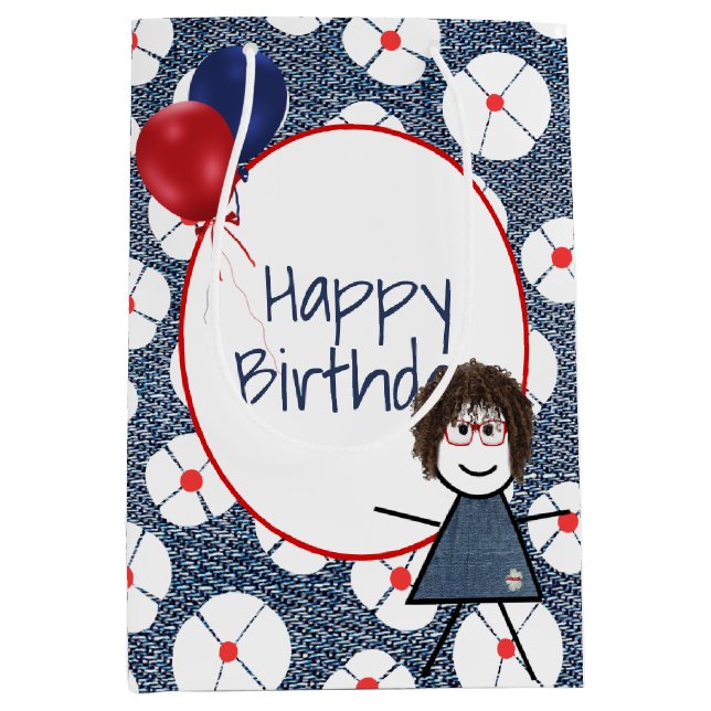 Birthday Stick Girl with Hair   Medium Gift Bag (Front)