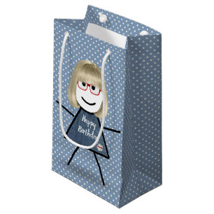 Birthday Stick Girl With Hair on Dots   Small Gift Bag