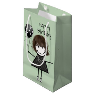 Birthday Stick Girl with Polka Dot Balloon  Small Gift Bag