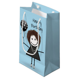 Birthday Stick Girl with Polka Dot Balloon   Small Gift Bag