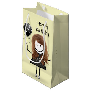 Birthday Stick Girl with Polka Dot Balloon  Small Gift Bag