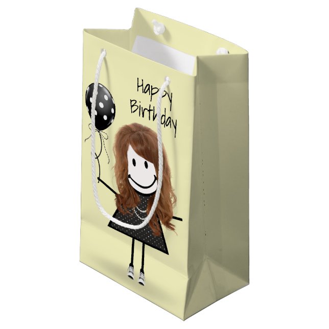 Birthday Stick Girl with Polka Dot Balloon  Small Gift Bag (Front Angled)
