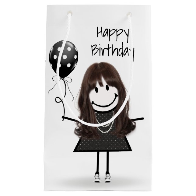 Birthday Stick Girl with Polka Dot Balloon Small Gift Bag (Front)