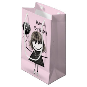 Birthday Stick Girl with Polka Dot Balloon Small Gift Bag