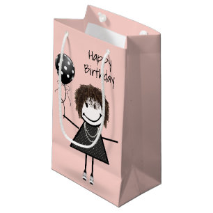 Birthday Stick Girl with Polka Dot Balloon  Small Gift Bag