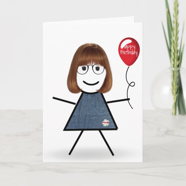 Birthday Stick Girl with Red Balloon Card (Front)
