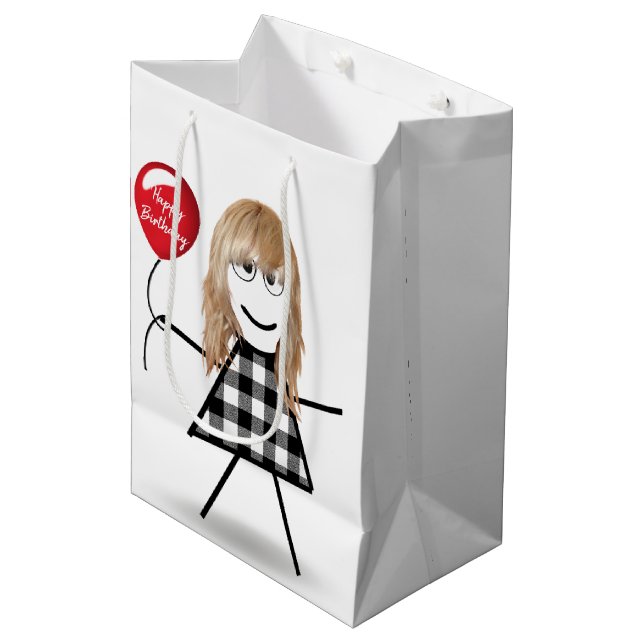 Birthday Stick Girl with Red Balloon Medium Gift Bag (Front Angled)