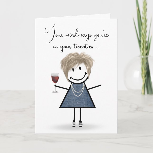 Birthday Stick Girl with Wine Glass  Card (Front)