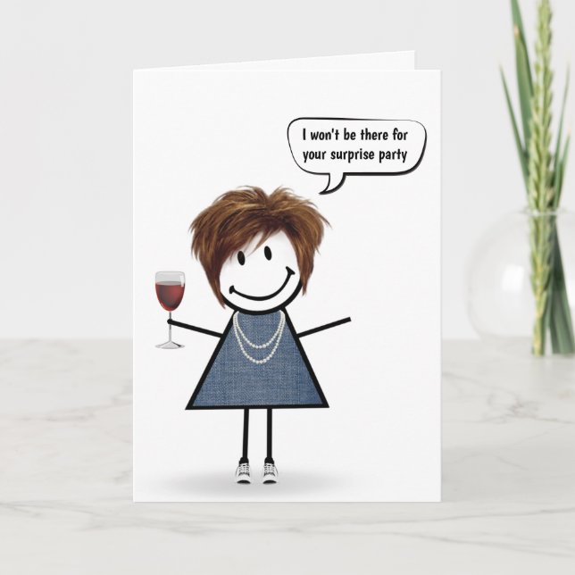Birthday Stick Girl with Wine Glass  Card (Front)