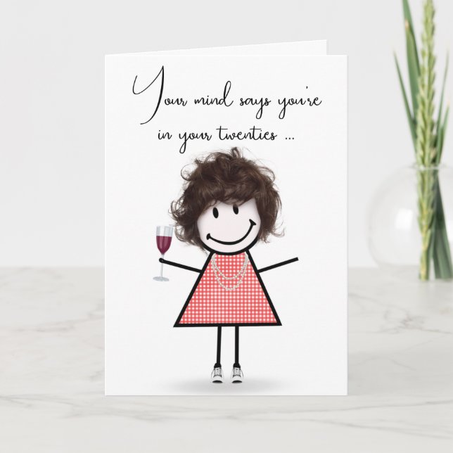 Birthday Stick Girl with Wine Glass  Card (Front)