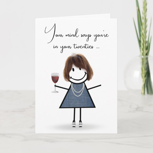 Birthday Stick Girl with Wine Glass  Card (Front)