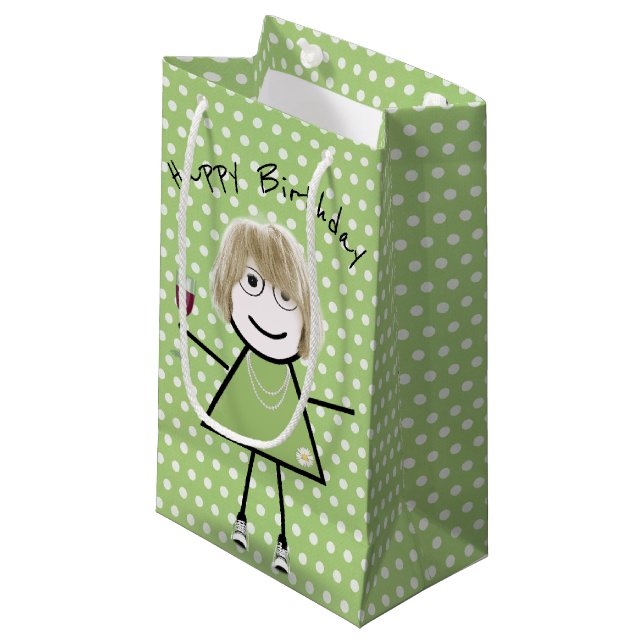 Birthday Stick Girl with Wine Glass Small Gift Bag (Front Angled)