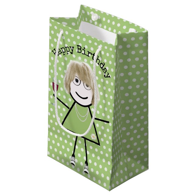 Birthday Stick Girl with Wine Glass  Small Gift Bag (Front Angled)