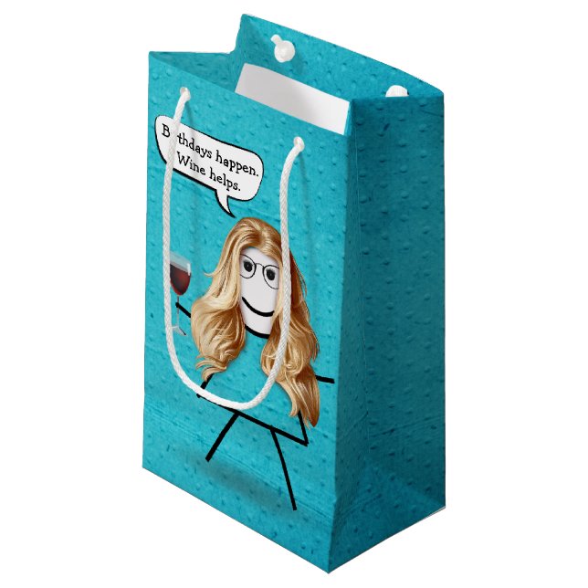 Birthday Stick Girl with Wine  Small Gift Bag (Front Angled)