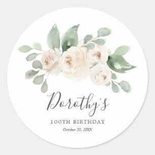 Birthday Sticker Custom 100th White Rose Floral 