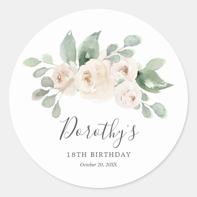 Birthday Sticker Custom 18th White Rose Floral  (Front)