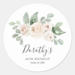 Birthday Sticker Custom 40th White Rose Floral