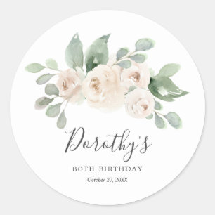 Birthday Sticker Custom 80th White Rose Floral