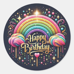 Birthday sticker-glittre rainbow  classic round sticker