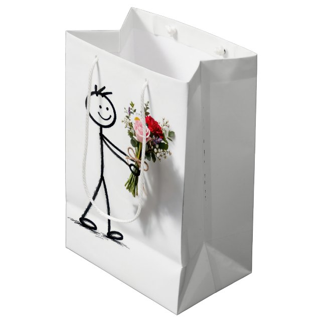 Birthday Stickman With Rose Bouquet Medium Gift Bag (Front Angled)